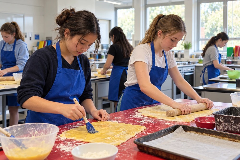 Dos alumnas con delantal azul trabajan la masa en un aula de cocina