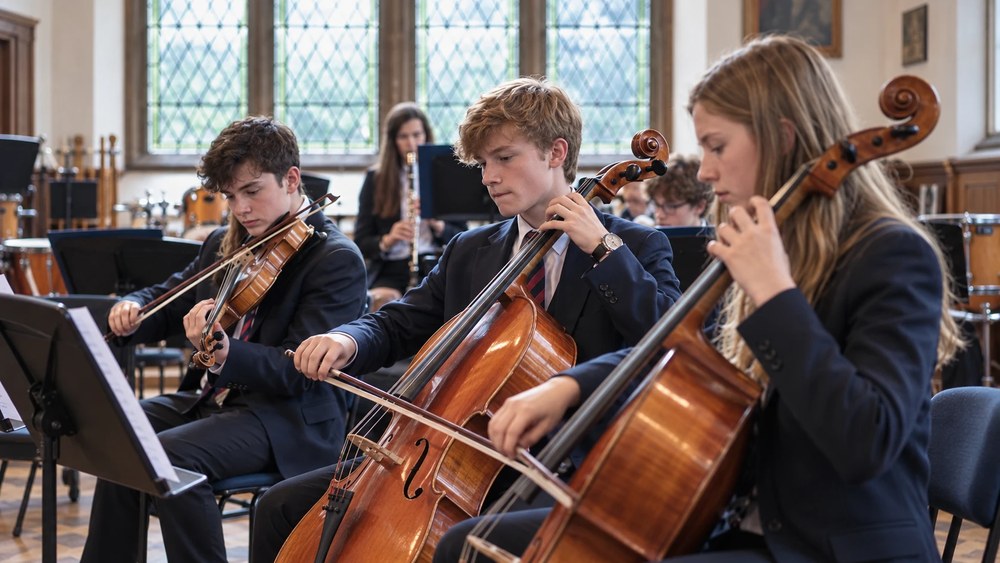 Alumnos con uniforme tocan violín y violonchelo en una clase de música