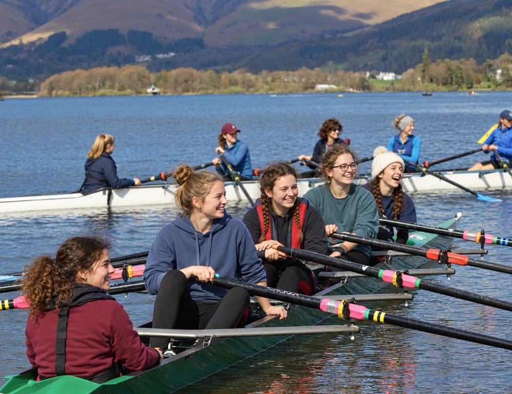 Alumnas sonrientes en una embarcación de remo sobre un lago, con montañas al fondo