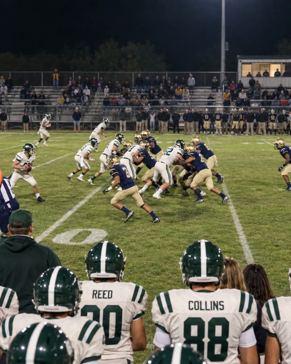 An American football match at a high school in the United States