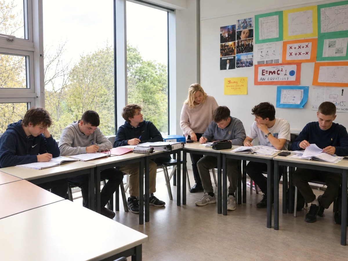 Teenage pupils studying in class with their teacher